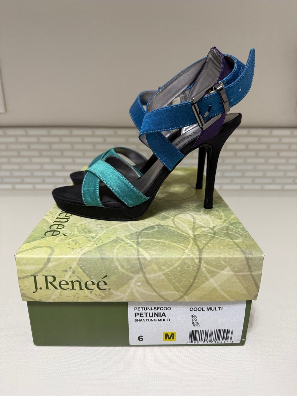 J.Renee Petunia Teal Blue and Purple Strappy High Heel Sandal Size 6